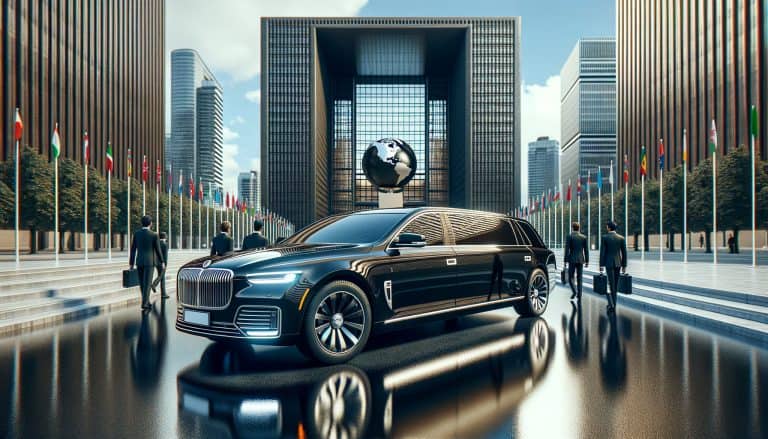 Luxury limousine outside international headquarters with global flags