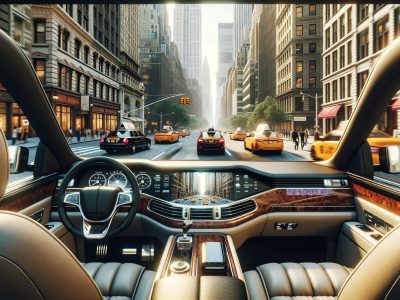 Luxury car interior driving through busy city street