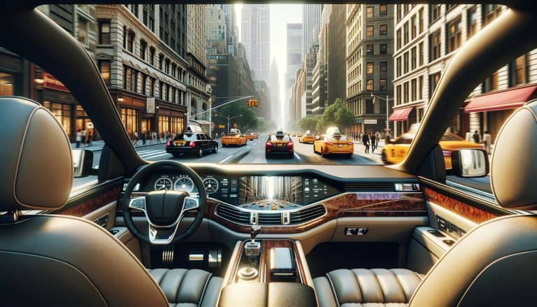 Luxury car interior driving through busy city street