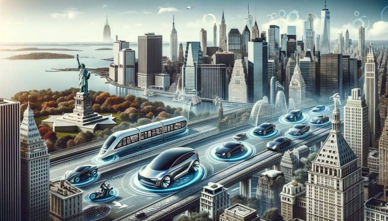 Futuristic autonomous vehicles in New York City skyline