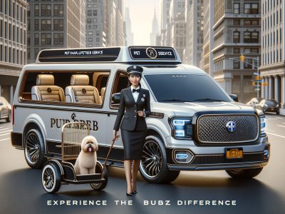 Luxury pet chauffeur service van with dog and handler