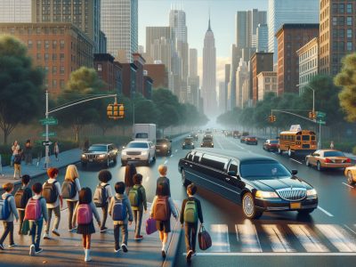 Schoolchildren crossing city street near limousine and traffic