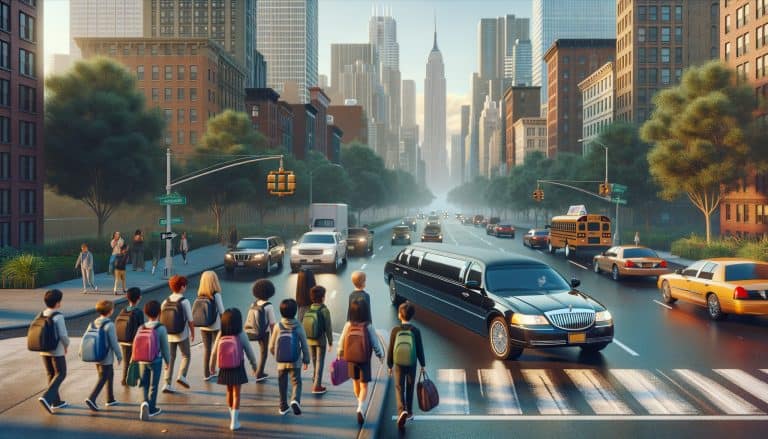 Schoolchildren crossing city street near limousine and traffic