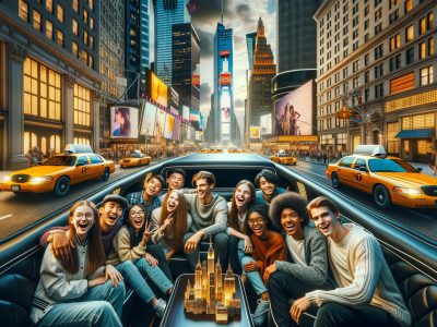 Friends in limousine through Times Square at night