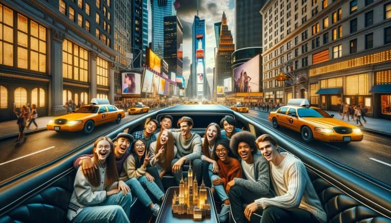 Friends in limousine through Times Square at night