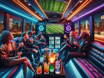 Friends watching soccer in neon-lit party bus