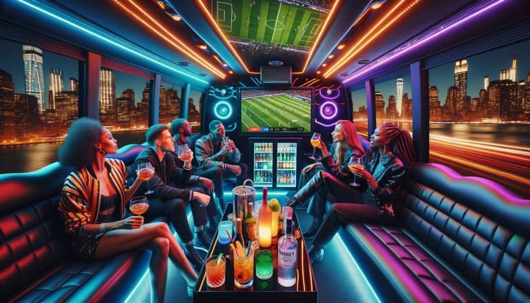Friends watching soccer in neon-lit party bus