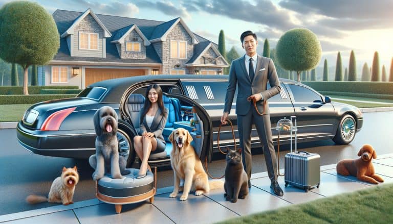 Well-dressed couple with pets beside luxury limousine home