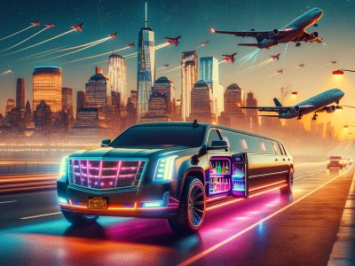 Neon-lit limousine on bridge with city skyline and airplanes