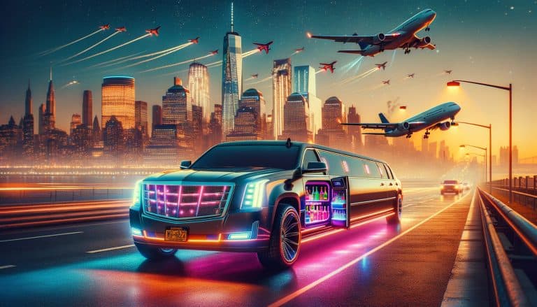 Neon-lit limousine on bridge with city skyline and airplanes