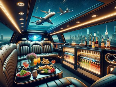 Luxury limousine interior with bar and city skyline.
