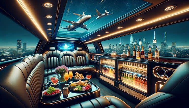 Luxury limousine interior with bar and city skyline.