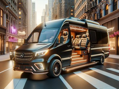 Luxury Mercedes-Benz van with open interior on city street