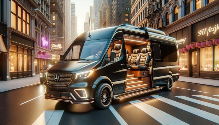 Luxury Mercedes-Benz van with open interior on city street