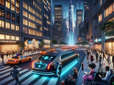 Futuristic autonomous limousine driving through busy city street