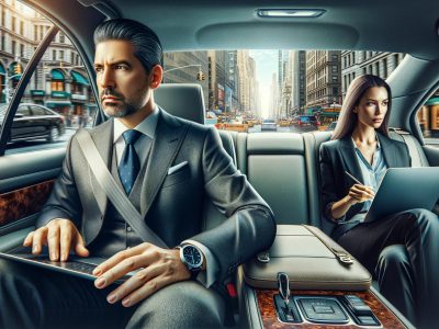 Business professionals working on laptops in city car