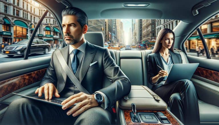 Business professionals working on laptops in city car