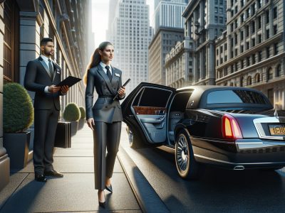 Business professionals beside luxury sedan on city street