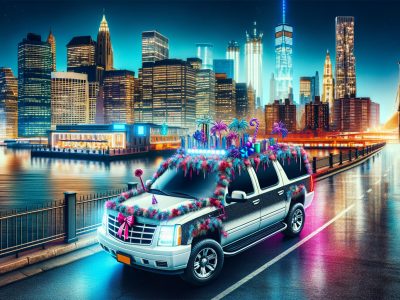 Decorated SUV limousine near Brooklyn Bridge at night