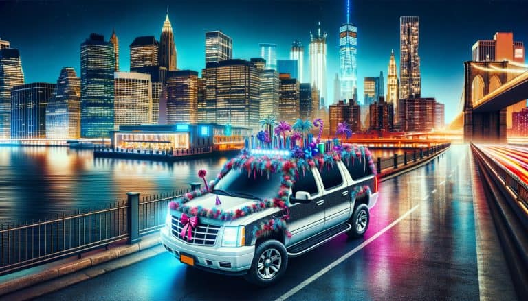 Decorated SUV limousine near Brooklyn Bridge at night