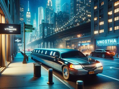 Stretch limousine parked under city bridge at night