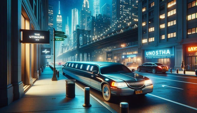 Stretch limousine parked under city bridge at night