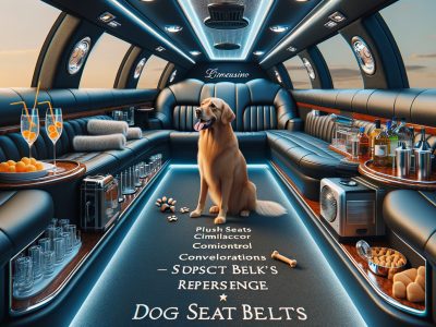 Golden retriever inside luxury limousine with plush seating