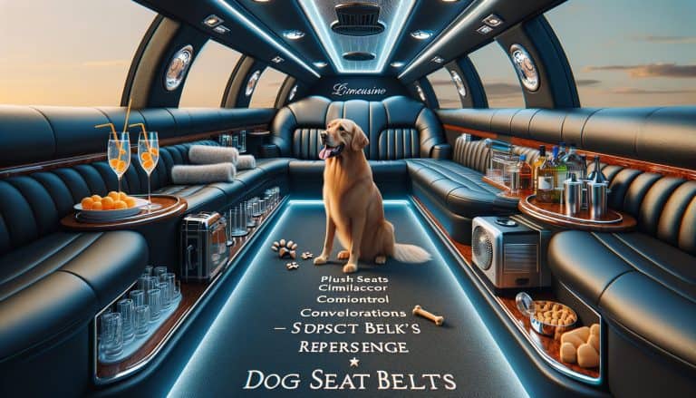 Golden retriever inside luxury limousine with plush seating