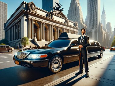 Chauffeur beside black limousine at Grand Central Terminal
