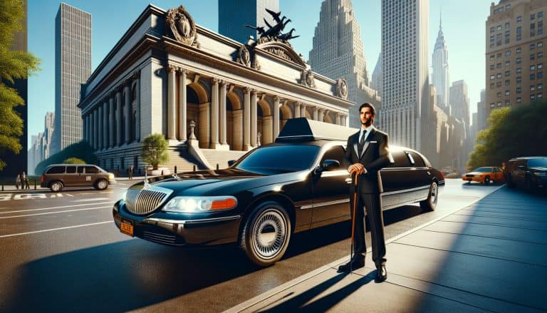 Chauffeur beside black limousine at Grand Central Terminal