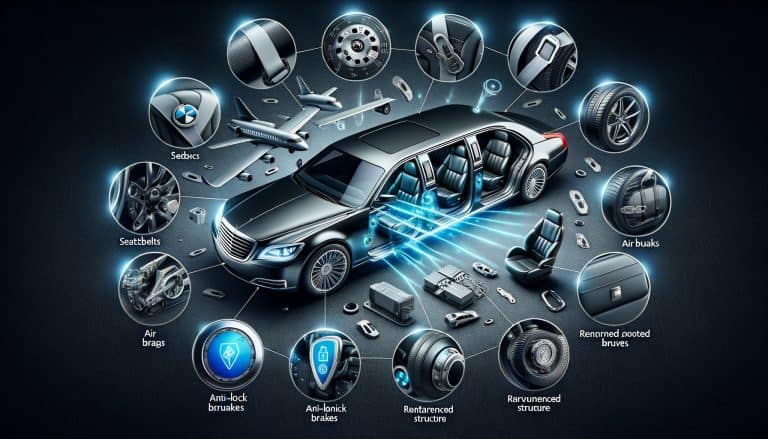 Luxury car diagram highlighting advanced safety features