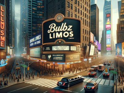 Busy city intersection with limousine and bright billboards