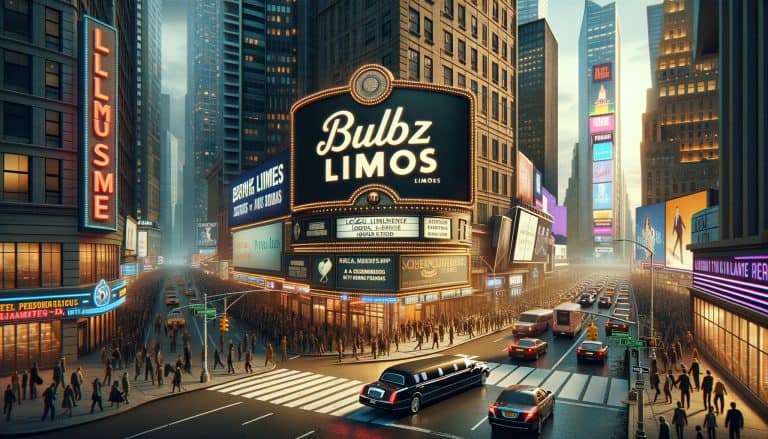 Busy city intersection with limousine and bright billboards