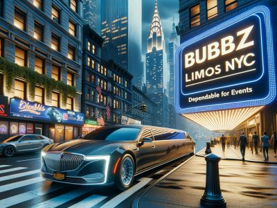 Luxury stretch limousine outside NYC theater at night