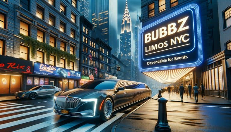 Luxury stretch limousine outside NYC theater at night