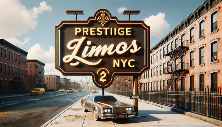 Prestige Limos NYC sign above parked limousine