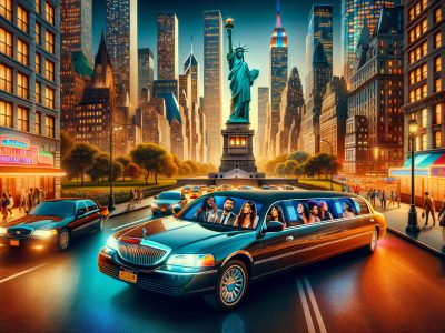Limousine driving past Statue of Liberty in NYC
