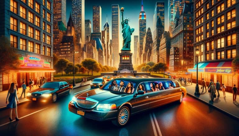 Limousine driving past Statue of Liberty in NYC