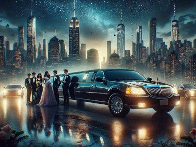 Teens in formalwear beside limousine at night skyline