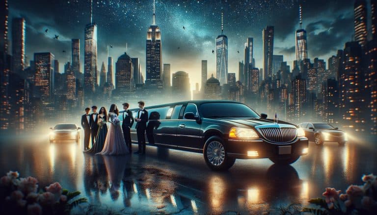 Teens in formalwear beside limousine at night skyline
