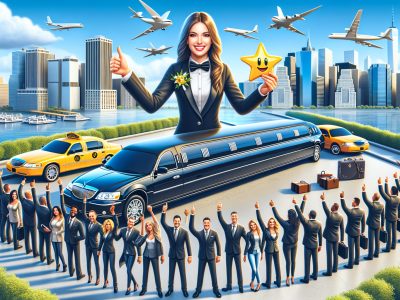 Business team celebrating limousine travel in city skyline