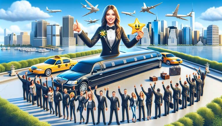 Business team celebrating limousine travel in city skyline