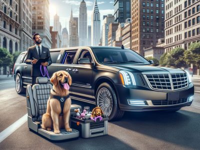 Golden retriever beside limousine on city street