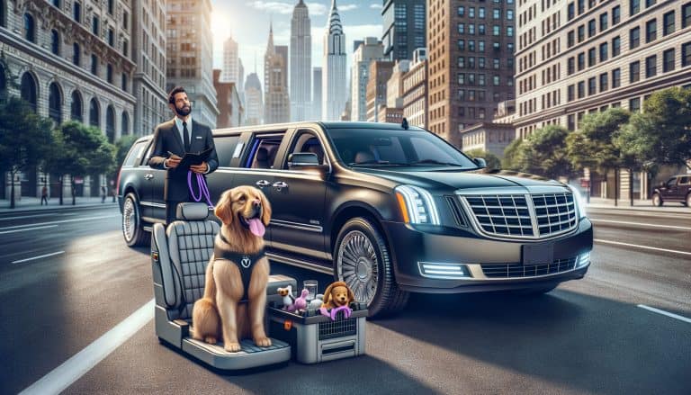 Golden retriever beside limousine on city street