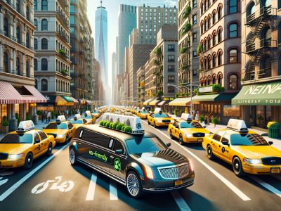 Eco-friendly limousine among yellow taxis in city street