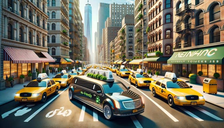Eco-friendly limousine among yellow taxis in city street