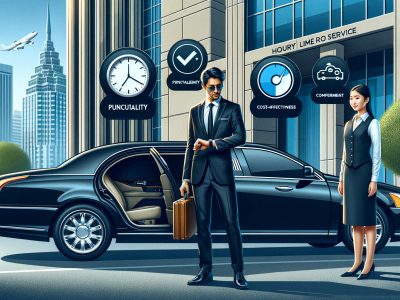 Businessman with suitcase beside luxury limousine and chauffeur