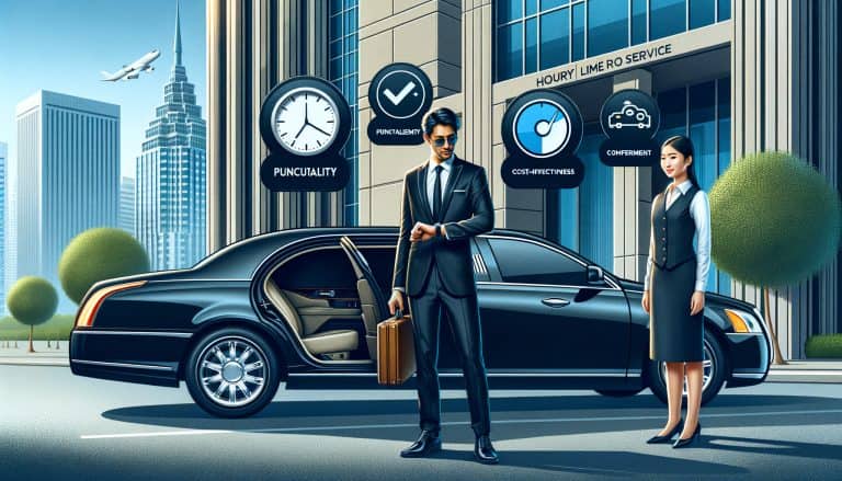 Businessman with suitcase beside luxury limousine and chauffeur