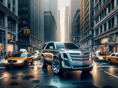 Luxury SUV on rainy city street with taxis