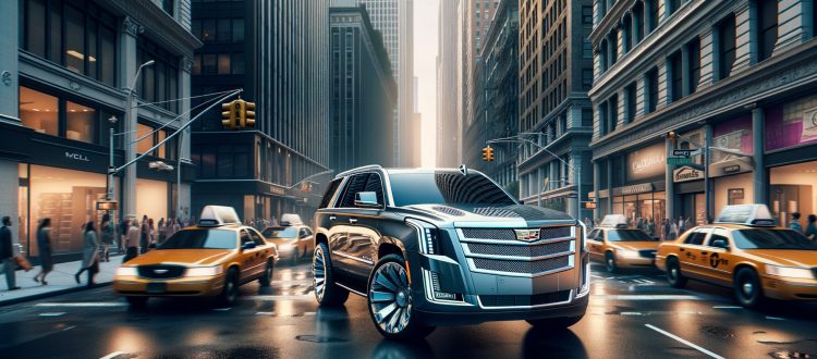 Luxury SUV on rainy city street with taxis